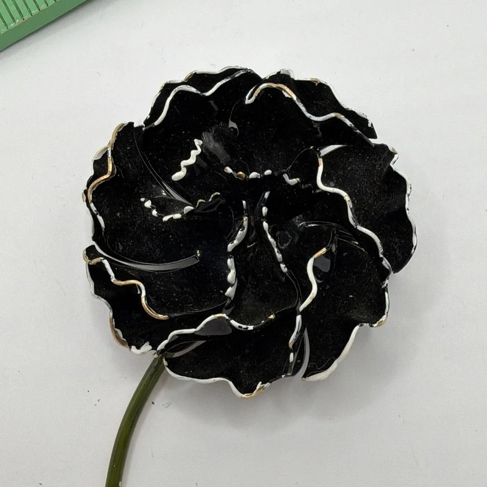 Vintage‎ 1950s Silver Tone Mid Century Black Flower Brooch